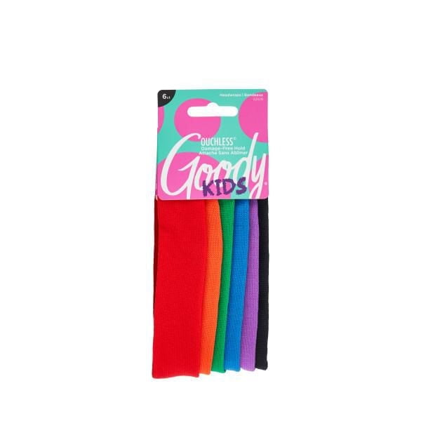 Goody Kids Ouchless Thin Knit Headwraps - 6Ct pack with six assorted color stretchy knit headbands in red, orange, green, blue, purple, and black, offering a secure, gentle hold and all-day comfort, displayed on a branded pink and teal cardboard tag, suitable for pain-free wear and styling.