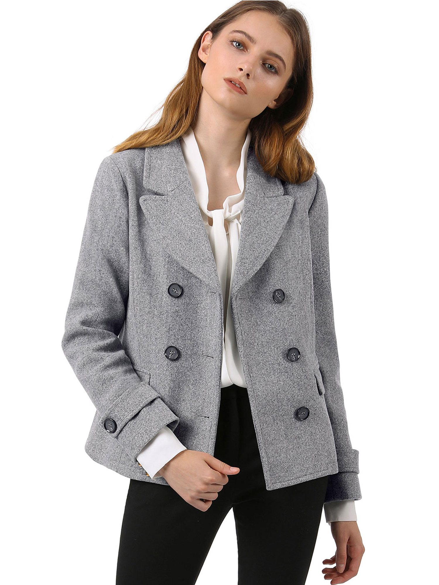 INSPIRE CHIC Women's Winter Worsted Notched Lapel Double Breasted Short Peacoat