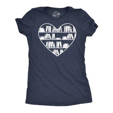 Womens Bookshelf Heart Funny T Shirt Reading Graphic Tee for Ladies (Heather Navy - Bookshelf Heart) - M