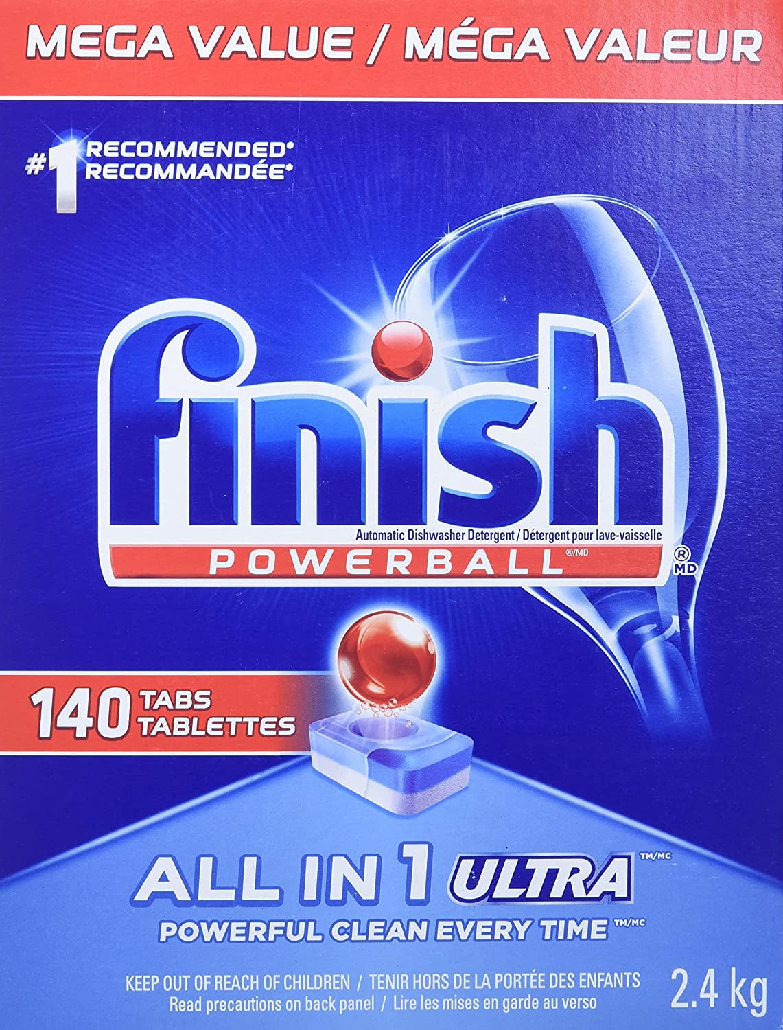 Powerball All-in-1 Ultra Dishwasher Detergent Tablets, 140 Count (2.4 kg) – Powerful Cleaning & Shine