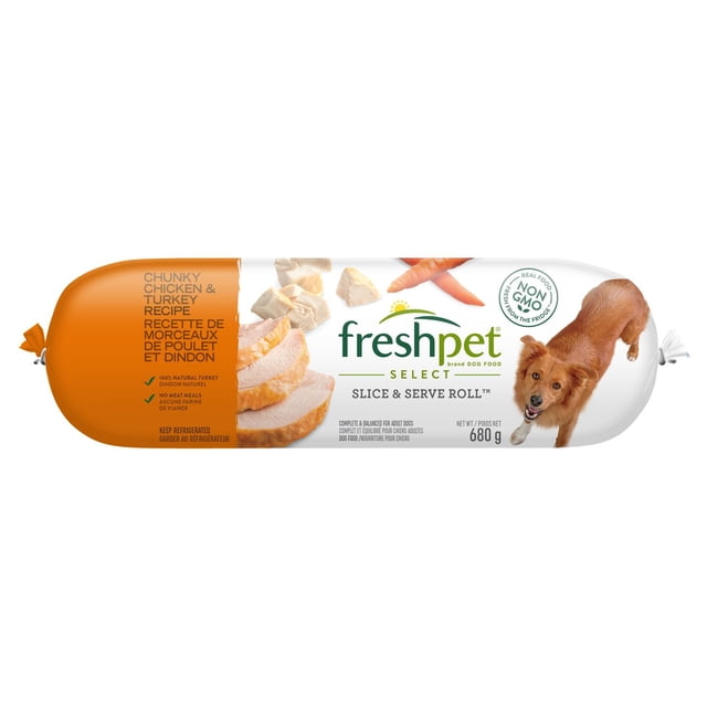 Freshpet Select Chunky Chicken and Turkey Recipe with Vegetables and Brown Rice Dry Dog Food 680 g roll packaging with sliced chicken and turkey pieces, carrots, and a brown dog, featuring 100% natural turkey, no meat meals, and non-GMO ingredients for balanced adult dog nutrition.