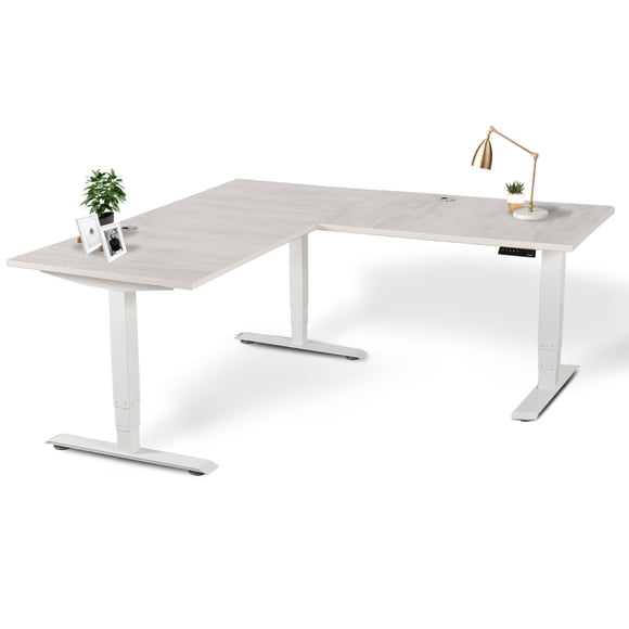 EFFYDESK Executive L-Shaped Height Adjustable Home Office Computer Standing Desk with Cable Management Tray (71"×71") Oak White on White Frame