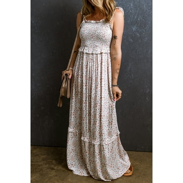 FOLUNSI Robe Maxi en Dentelle Florale - Froncée, Coupe Élégante