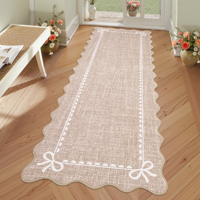 GlowSol 2'x6' Scalloped Bow Border Area Rug, Modern Solid Washable Rug with Non Slip TPR Backing, Stain Resistant Low Pile Indoor Carpet Mat for Bedroom Hallway Nursery Decor, Camel