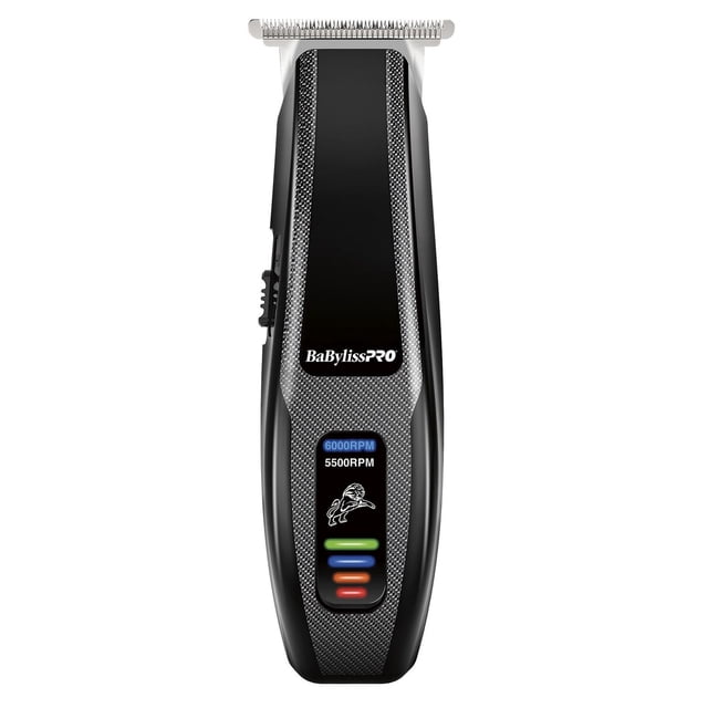 BaByliss PRO FLASHFX Lightweight Professional Lithium Trimmer shown from above with slim black carbon fiber textured body, stainless steel T-blade, LED screen displaying battery and RPM indicators, BaBylissPRO logo, designed for precise beard trimming and detailing with corded and cordless operation.
