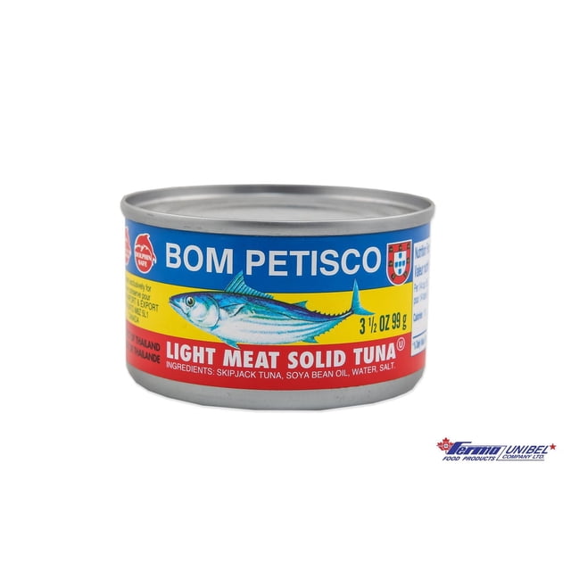 Bom Petisco Tuna Oil canned light meat solid tuna in oil, 99g can with blue, yellow, and red label featuring a skipjack tuna illustration and product details, ideal for pantry food and canned fish use.