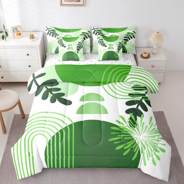 Boho Mid Century Comforter Set 7 Piece Bed in a Bag Twin, Abstract Geometric Bedding Sets,Modern Minimalist Simplistic Geometry Line Art Sheet Set,Circle Ombre Stripes Room Decor,Green