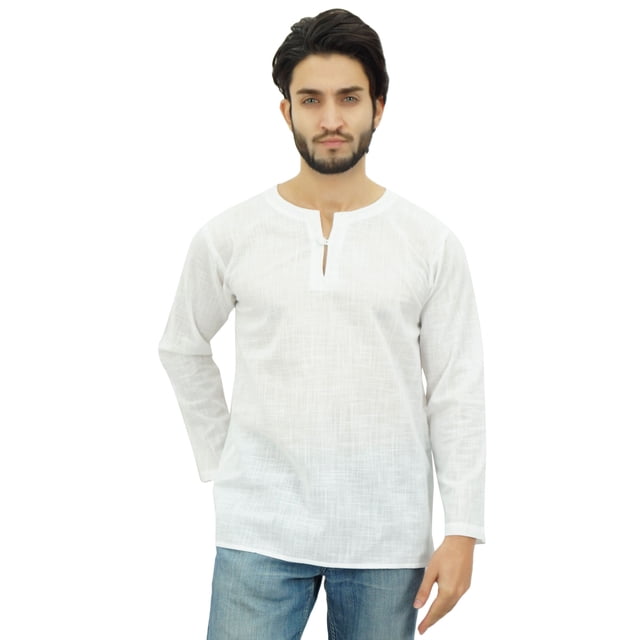 Atasi Men's White Short Kurta Round Keyhole Neck Cotton Tunic Shirt-Medium