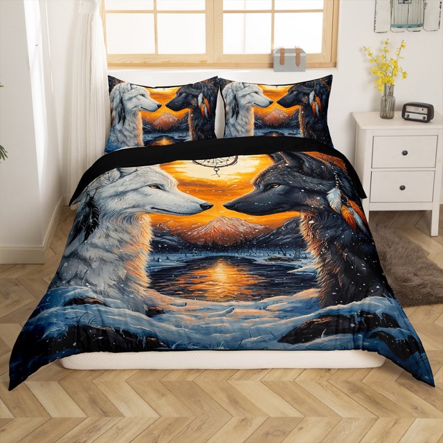 Wolf Duvet Cover Set Full Size,Black White Wolves Tribal Feather Dreamcatcher Bedding Set,Jungle Wild Animal Snowy Lake Mount Sunset View Comforter Cover(No Filler) for Teens,3 Pcs