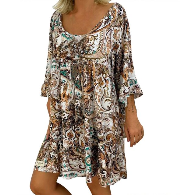 Women Ladies Loose Plus Size Print Long Sleeve V neck Mini Dress