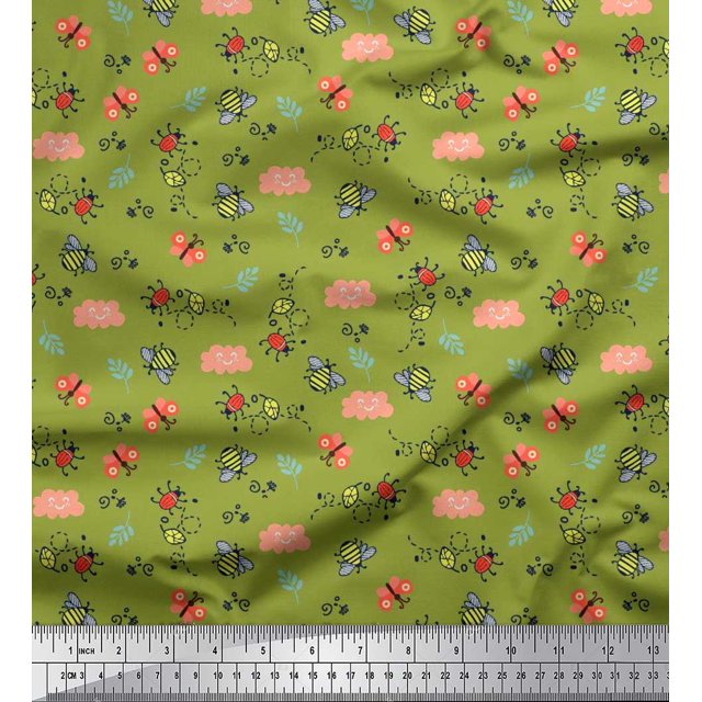 Soimoi Green Poly Georgette Fabric Honey Bee & Bettle Bee Insects Printed Craft Fabric by The Yard 52 Inch Wide