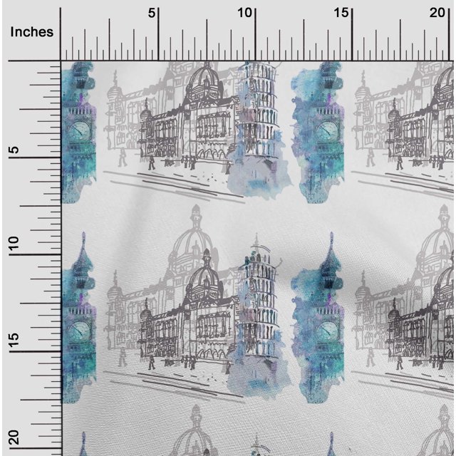 oneOone Tissu Polyester Lycra Bleu Sarcelle Monuments Matériel de Robe de Voyage Tissu Imprimé Tissu au Mètre 56 Pouces de Large