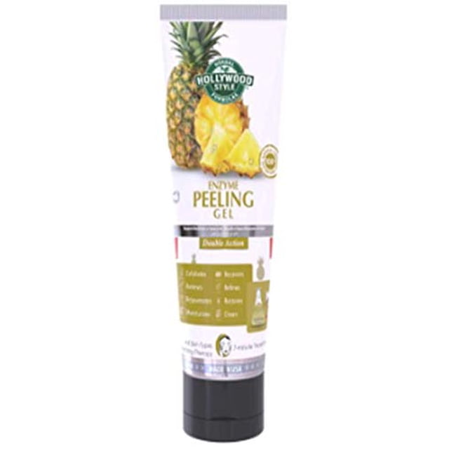 Hollywood Style Organic Enzyme Peeling Gel in a tube with pineapple imagery and branding. This face exfoliator features an organic formula free from parabens, sulfates, GMOs, lead, and mercury, with natural innovative ingredients for safe and effective facial cleansing and exfoliation.