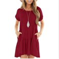 thumbnail image 1 of Women's Summer Crewneck Pocket Short Sleeve Dress Splicing Ruffle Swing Mid Length Loose Dress, 1 of 5