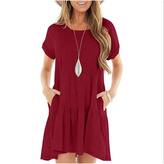 Women's Summer Crewneck Pocket Short Sleeve Dress Splicing Ruffle Swing Mid Length Loose Dress