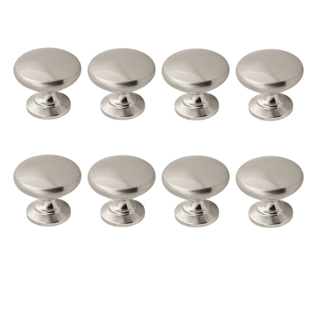 Era Simple Knob 8-Pack Satin Nickel featuring eight round metal cabinet knobs with a satin nickel finish, arranged in two rows of four on a white background, ideal for kitchen and bathroom cabinet hardware and furniture upgrades.