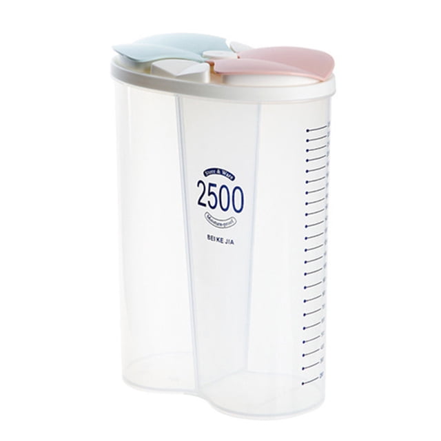 Contenants de Rangement Alimentaires en Plastique Boîte de Rangement en Plastique Transparente Boîte de Rangement pour Aliments Secs et Séchés Contenant Boîte Contenants en Plastique pour le Rangement des Aliments Contenants de Rangement pour Produits Secs. l'Image Montre un Contenant en Plastique Transparent Sans BPA d'Une Capacité de 2500 ml, Doté de Trois Compartiments avec Couvercles aux Couleurs Pastel en Bleu, Rose et Blanc. le Contenant a des Repères de Mesure sur le Côté pour un Rangement Précis et Est Conçu pour Organiser des Produits Secs, des Collations Ou des Aliments au Frigo. Son Joint Hermétique Assure une Protection contre l'Humidité et des Capacités de Conservation.