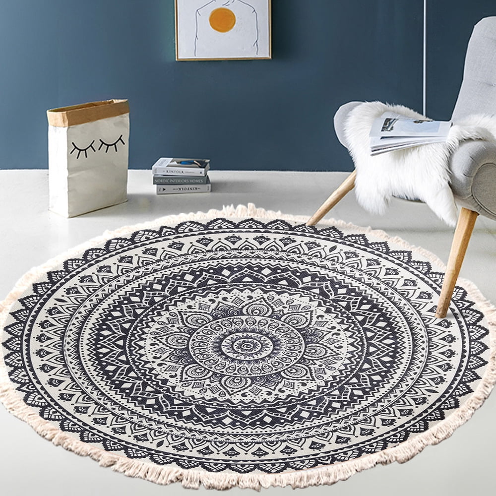 Tapis Rond Doux 90cm pour Chambre à Coucher Salle à Manger Tapis Rond Boho Antidérapant Lavable Chic Mandala Bohème Tapis d'Intérieur