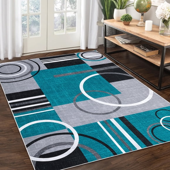 Garvee Tapis Modernes Géométriques pour Aire 6'x9' Tapis de Salon, Tapis Abstrait Lavable Antidérapant Doux Tapis Jeté Intérieur Tapis Résistant aux Taches pour Salle à Manger Chambre, Bleu Vert