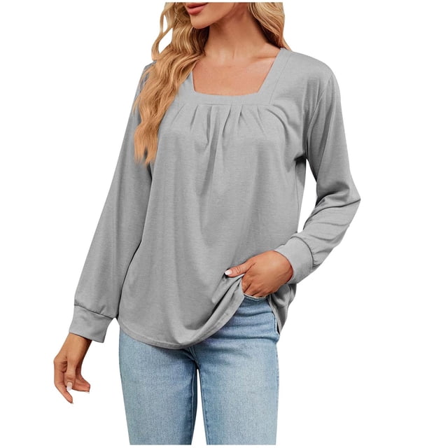 AherBiu Womens Tops Casual Long Sleeve Square Neck Fall Blouses Loose Comfy Solid Color Shirts
