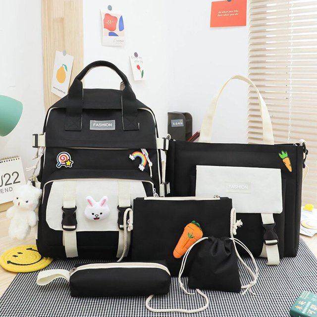 Sac à dos pour Femmes 5 en 1 en Nylon Imperméable Grande Capacité Sacs à dos de Rangement Pendentif Mignon Sac d'École Sacs à dos Multifonctions Sac à dos scolaire