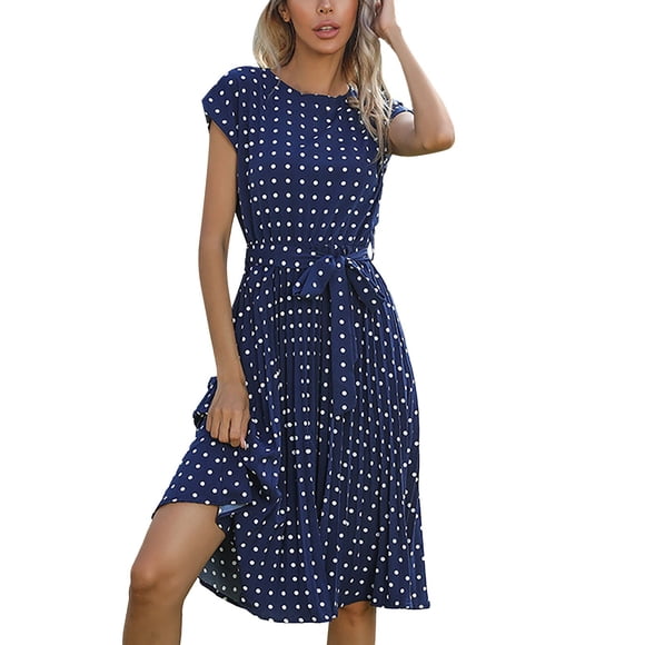 Daznico Elegant Dresses for Women,Women's Casual Flowy Long Dress with Belt Dot Print Wear Daily Vacation Outfit Summer Fall ,Dresses for Women Hide Tummy