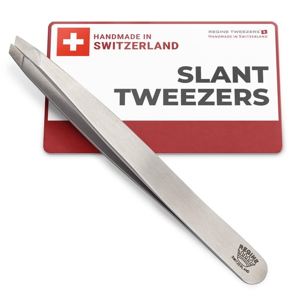 Regine Switzerland Professional Tweezers Slant Tip - Etched Tip Brow and Eyebrow Tool for Men and Women - Precision Tweezers for Fine Hair, Chin, Las