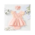 thumbnail image 3 of Faithtur Newborn Girl Romper Outfits, Sleeveless Lace Patchwork Solid Color Dress Style Romper + Cute Headband Set, 3 of 9