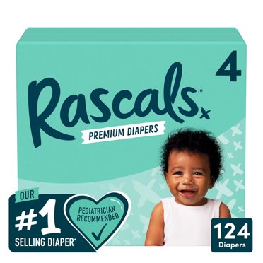 Rascals Premium Absorbent Baby Diapers, Size 4, Carton, 124 Count