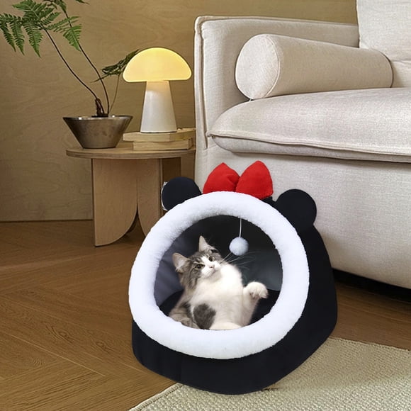 Lit Semi-Fermé pour Chat et Chien avec Tapis Doux Détachable et Balles en Peluche pour le Confort et la Chaleur des Animaux