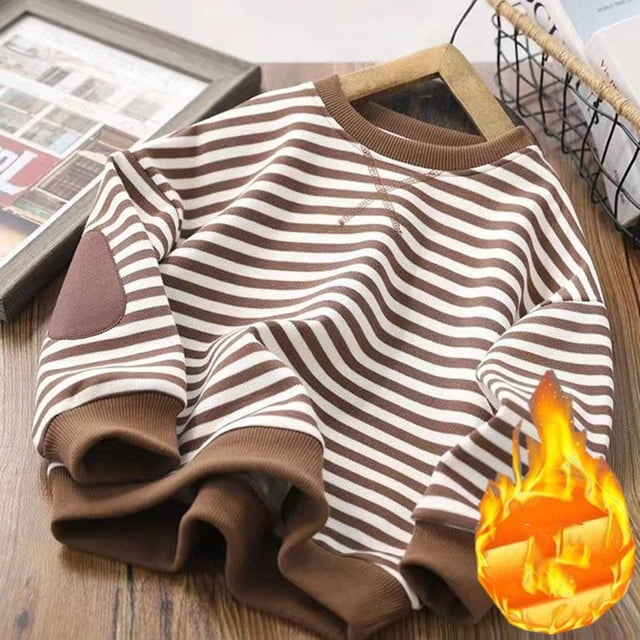 RXIRUCGD Chandails Rayés Unisexes pour Enfants en Molleton Chandail à Manches Longues à Col Rond pour Filles Garçons Chandail Décontracté à Enfiler Hauts Épais Vêtements d'Automne Hiver, Chandail Brun (Épais) pour Filles Taille 6-7 Ans
