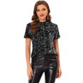 thumbnail image 1 of INSPIRE CHIC Haut en Velours à Paillettes pour Femme Col Rond Manches Courtes Blouse de Soirée Boîte de Nuit P Noir, 1 of 5