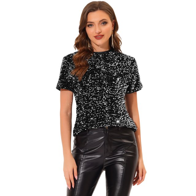 INSPIRE CHIC Haut en Velours à Paillettes pour Femme Col Rond Manches Courtes Blouse de Soirée Boîte de Nuit P Noir