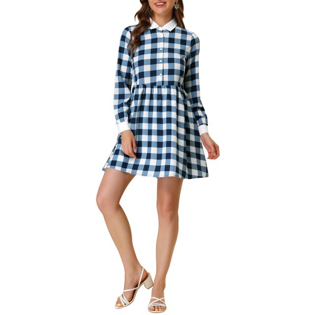 INSPIRE CHIC Robe-Chemise à Carreaux pour Femme à Manches Longues Boutonnée à Col Pointu S Bleu Blanc