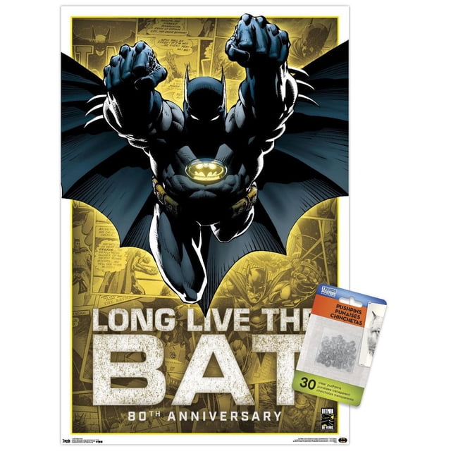 DC Comics - Batman - Affiche Murale du 80e Anniversaire, 22,375 Pouces x 34 Pouces Mettant en Vedette un Batman Centré et Orienté vers l'Avant en costume Noir et Bleu avec un Emblème de Chauve-Souris Jaune Lumineux sur la Poitrine et des Poings Allongés vers l'Avant, Accompagné d'Un collage Jaune de Panneaux de Bande Dessinée Batman vintage avec Texte Audacieux « Longue Vie à la Chauve-Souris » et « 80e Anniversaire » Ci-Dessous,