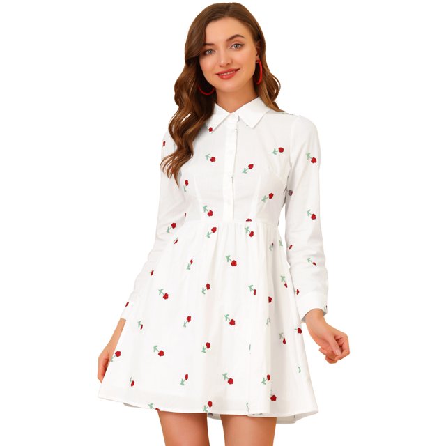 INSPIRE CHIC Robe pour Femme Manches Longues Col Rabattu Boutonnée Robe Chemise Courte à Fleurs Blanche P