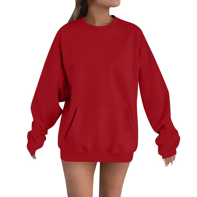 Breezora Chandail à Capuchon pour Femmes Surdimensionné avec Poche, Col Rond, Chandail Décontracté à Enfiler, Chandail Confortable pour Détente, Taille TTG, Rouge