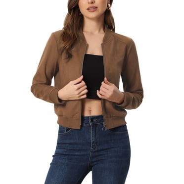 INSPIRE CHIC Women's Jacket Faux Suede Cropped Coat Stand Collar Zip Up Biker Moto Bomber Jackets M Brown