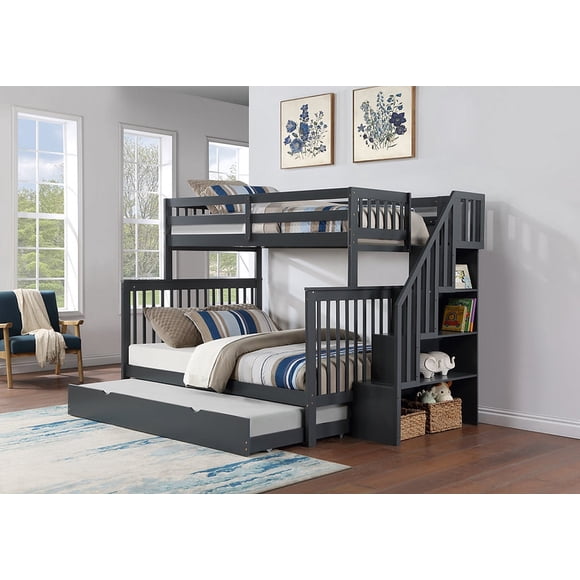 JLG Twin over Full Bunk Bed, Storage Shelves on Side of Staircase with Single Size Bed Trundle (Grey)
