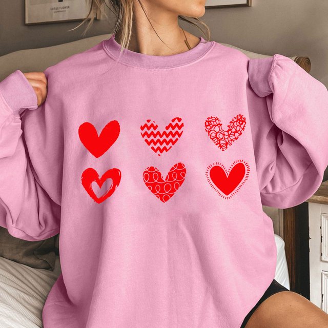 Qertyioot Chandail Cœur d'Amour Saint-Valentin, s Imprimé Mode Femme Manches Longues Col Rond Imprimé Blouse Ample Hauts