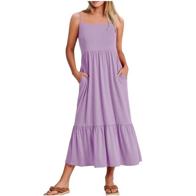 Womens Fashion Round-Neck Sling Sleeveless Solid Pockets Patchwork Pullover Dress