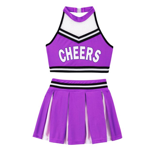 Xnihocha Girls Classic Cheerleading Team Uniform Mesh Splice Crop Top with Pleated Boxer Skirts Rooter Stage Suit Purple 10