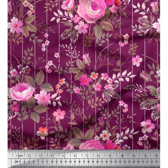 Soimoi Tissu Viscose Georgette Rayé, Feuilles & Roses Imprimé Floral au Mètre 42 Pouces de Large