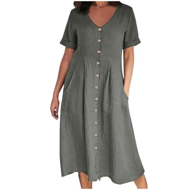 Meichang Womens Plus Size Cotton Linen Dresses Breathable Solid Color Button Down Maxi Dress Lounge Short Sleeves V Neck Sundress Tunic Pleated Beach Dress with Pockets, S-5XL