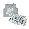 thumbnail image 1 of Kid Summer Easter Shorts Set Letters Print Tank Top with Bunny Shorts, 1 of 6