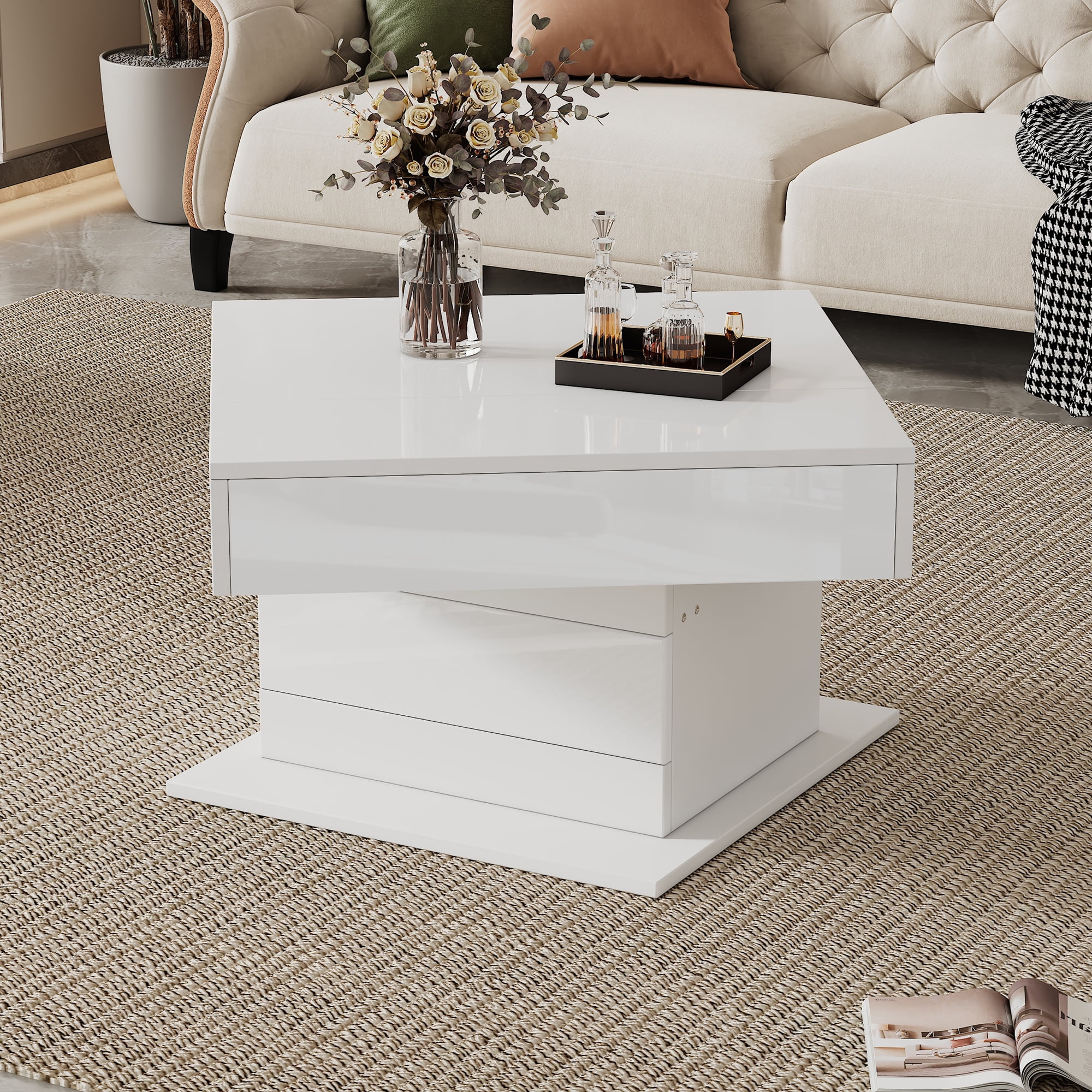 Table basse pivotante Noble House, plateau relevable brillant à 360°, blanche