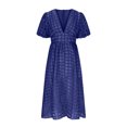 thumbnail image 4 of Mikilon Robes d'Été pour Femmes Ensemble Jupe Aguichant Robe à Carreaux à Manches Courtes Lanterne Aguichant à Col en V Profond Robes Gaine Mode Décontractée Taille Haute Unie Robe de Soirée avec Fente Bleu-A L, 4 of 7