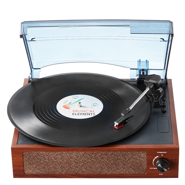 VEVOR Bluetooth Vinyl Record Player with a 3-speed belt-driven turntable supporting 33, 45, and 78 RPM. Features a wooden base with a transparent dust cover, built-in 5W dual speakers, and a vinyl record on the platter. Includes Bluetooth and Aux connectivity for streaming music from external devices. The front panel has a textured speaker grille and control knobs for power and volume.