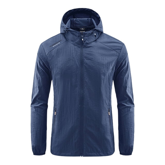 TIMIFIS Mens Jacket Waterproof with Hooded Hiking Coat Lightweight Windbreaker Zip Jacket Sun Protection Work Coat Windbreaker for Hiking Travel-Dark BlueFall