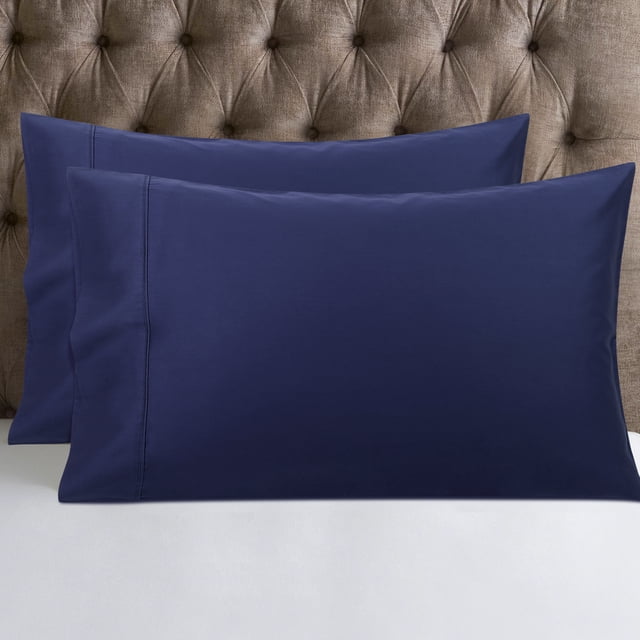 PiccoCasa Ensemble de 2 Taies d'Oreiller, Coton Doux avec Rabat Bleu Marine Standard